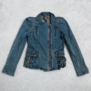 Vintage streetwear belted denim motorcycle jacket